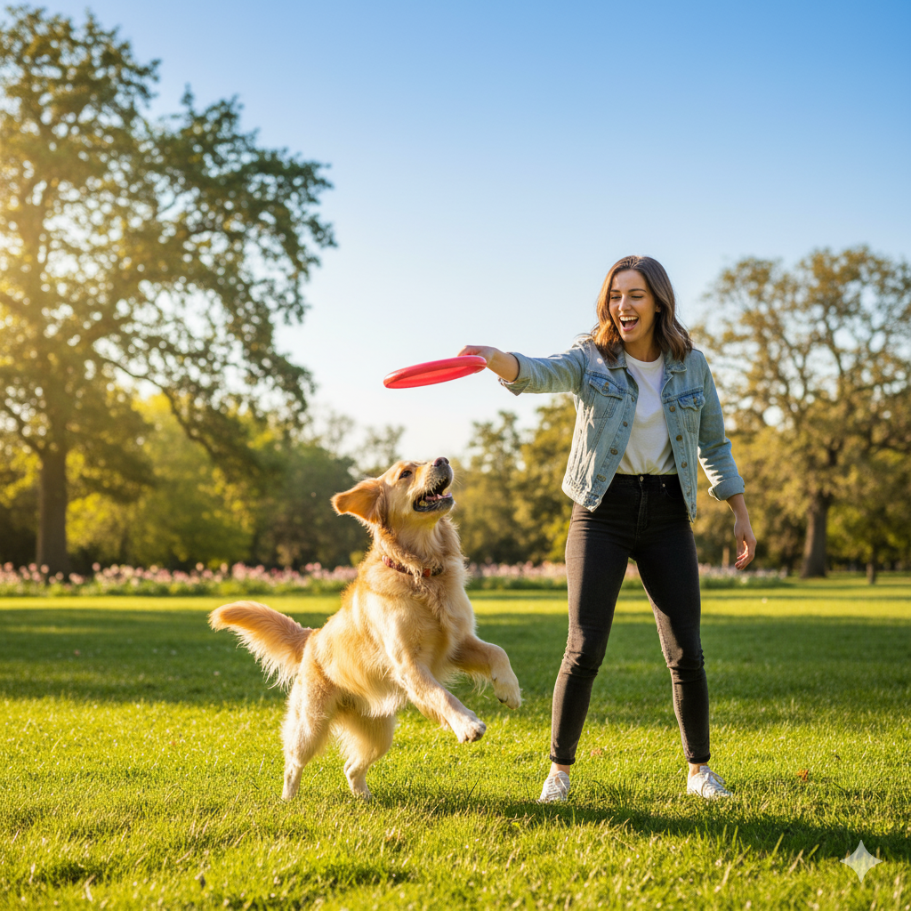 mulher brincando com cachorro