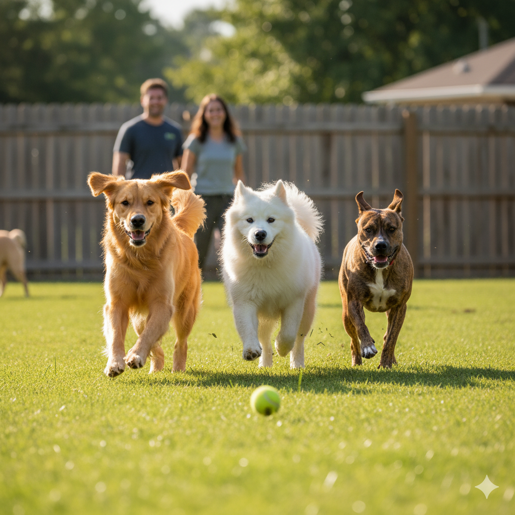 tres cachorros correndo atras da bolinha