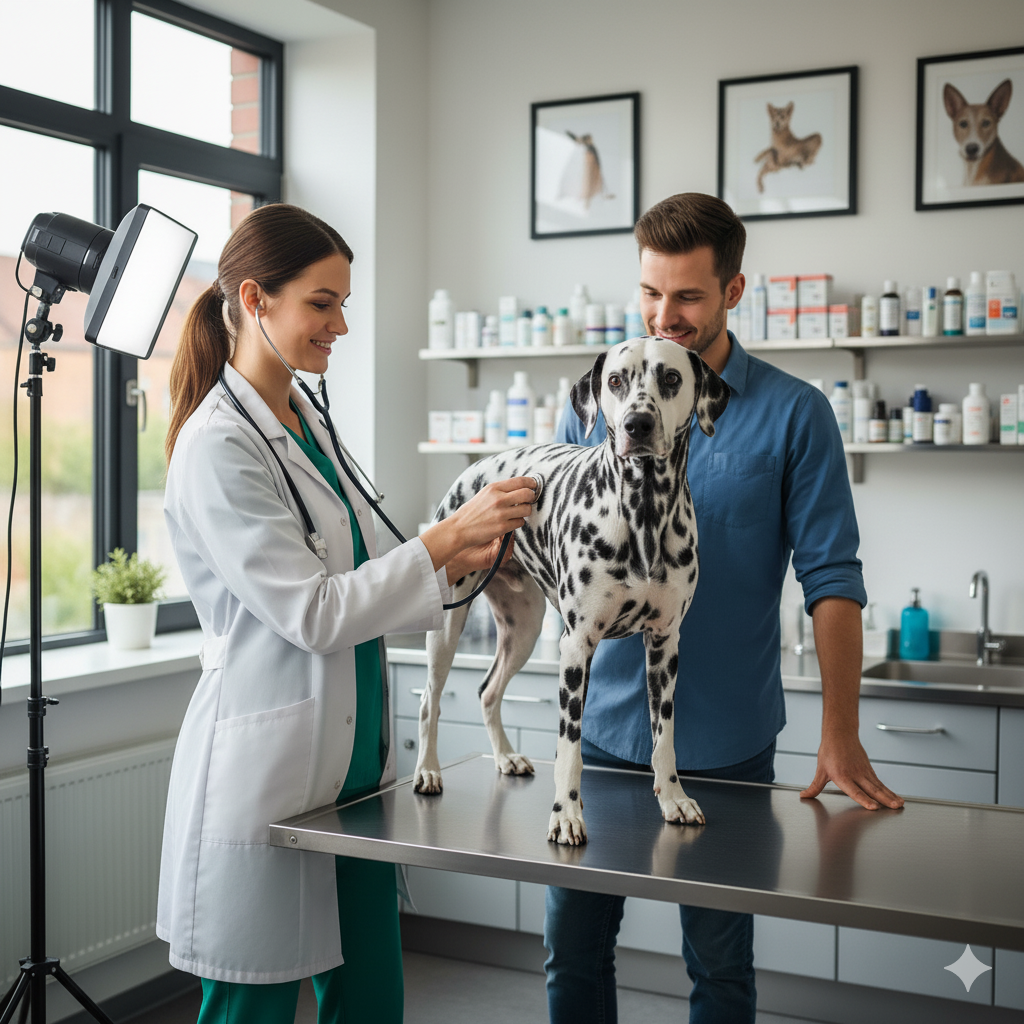 Veterinária atendendo dalmata