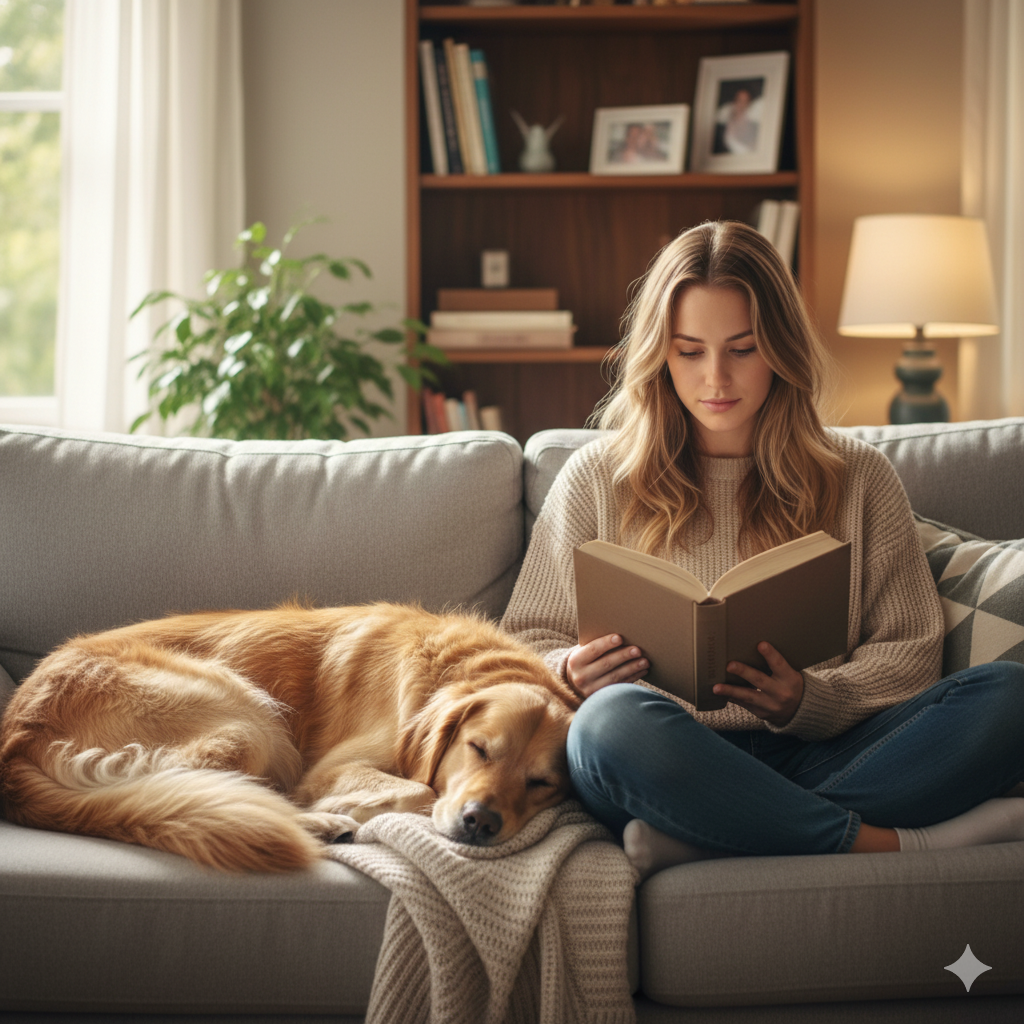 mulher lendo livro ao lado do cachorro