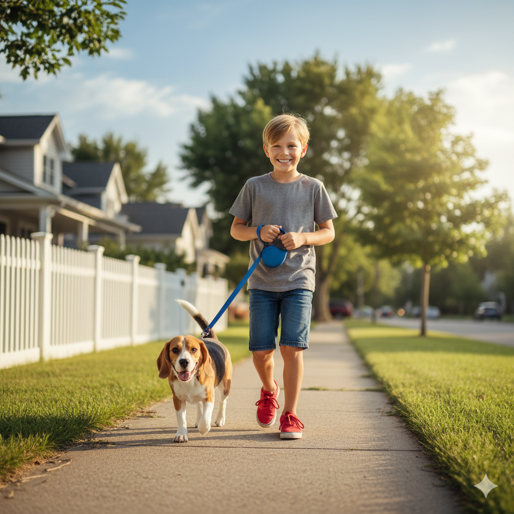 menino passeando com cachorro beagle