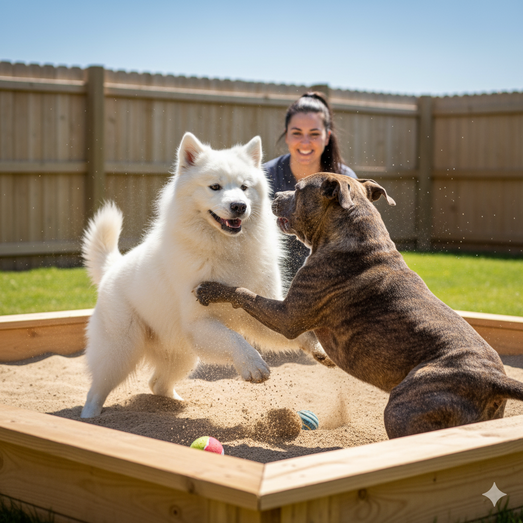 dois cachorros brincando na caixa de areia