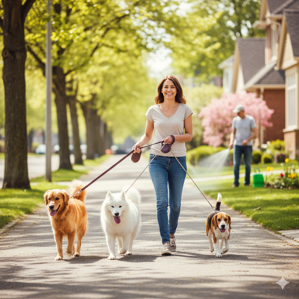 mulher passeando com três cachorros na rua