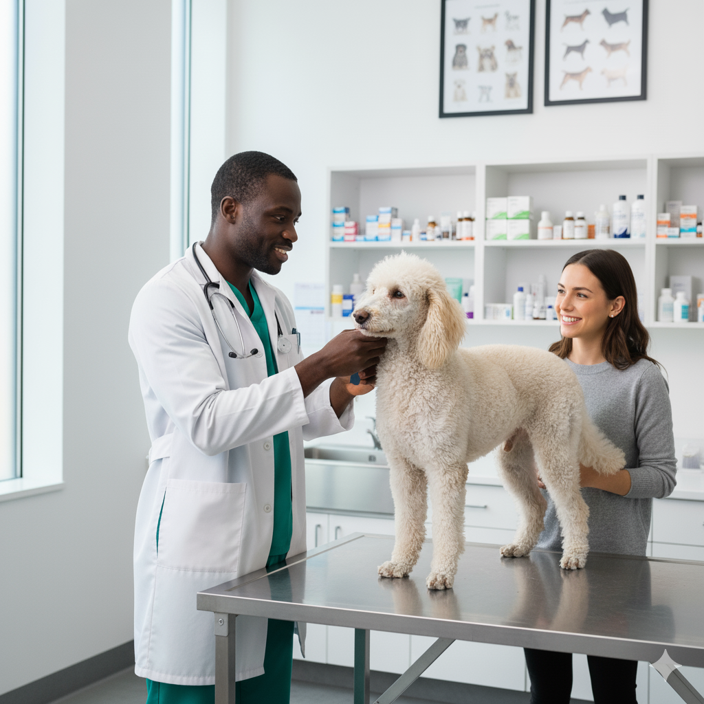 Veterinario atendendo poodle