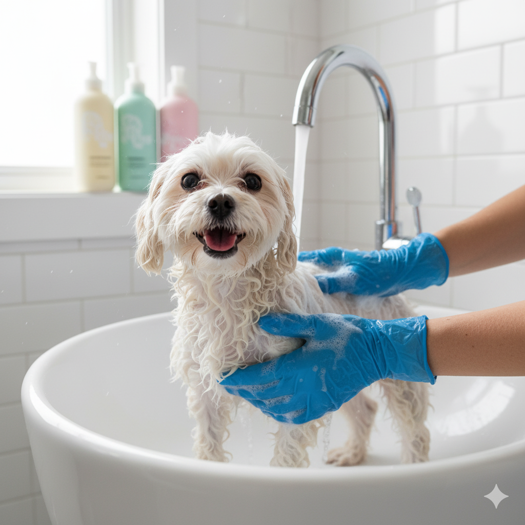 Cachorro tomando banho